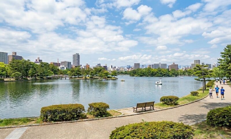 澄み切った青空の下、広大な池と緑豊かな自然、水面を渡る風が広がる福岡・大濠公園のパノラマ風景。CUNAの教育環境の借景。