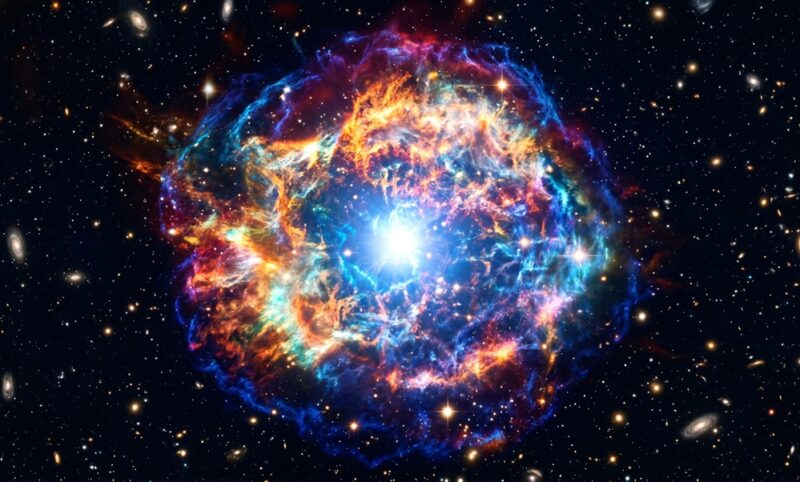 CUNAの教育理念「知能の爆発（THE EXPLOSION）」を象徴する、色鮮やかで劇的な光を放つ超新星爆発の画像