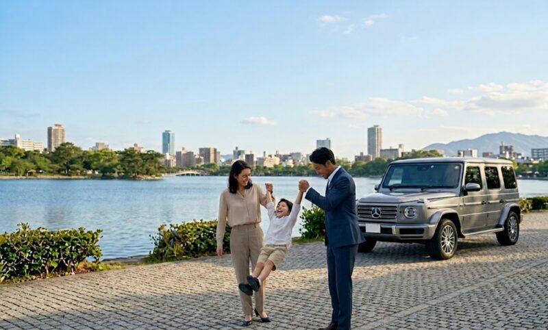 福岡・大濠公園の水辺で、男の子を両手ブランコして笑顔で遊ぶ両親と、背後に停まるシルバーのメルセデス・ベンツGクラス。