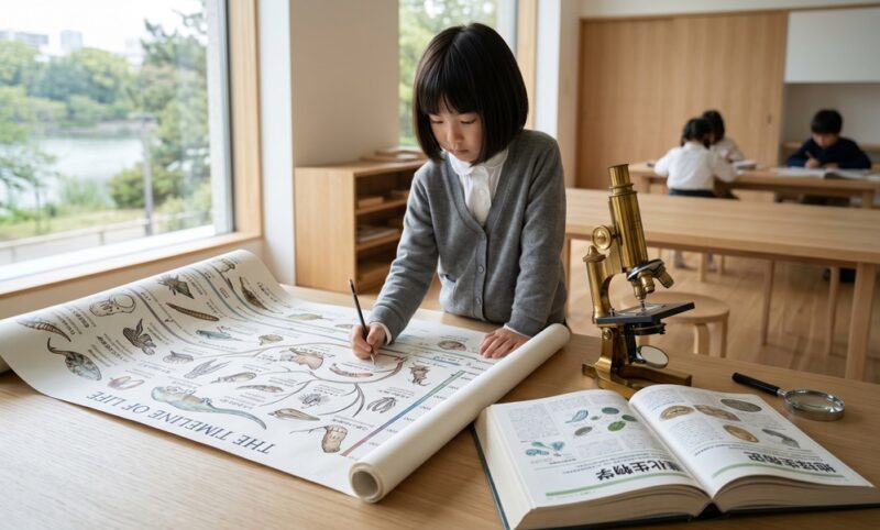 CUNAの小学生クラス「RESIDENTS」で巨大な巻物と顕微鏡を用い「ビッグ・ワーク（限界なき知の探究）」に没頭する8歳の姿