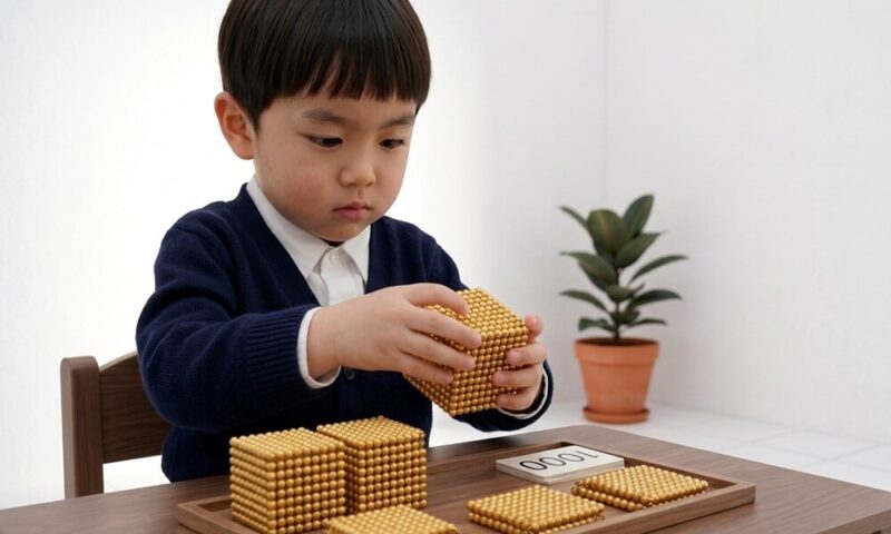 CUNAのCDB（3〜6歳）クラスにおけるモンテッソーリ算数教具「金ビーズ」の活動。ネイビーのカーディガンを着た男の子が、茶色い木製テーブルで「1000の立方体」のビーズを両手で持ち、真剣な表情でその質量と数に向き合っています。傍らには数字カードが置かれ、純白の洗練された空間（Pure Frame）の背景にはゴムの木が静かに佇んでいます。