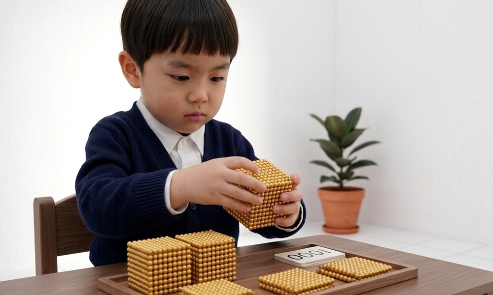 CUNAのCDB(3〜6歳)クラスにおけるモンテッソーリ算数教具「金ビーズ」の活動。ネイビーのカーディガンを着た男の子が、茶色い木製テーブルで「1000の立方体」のビーズを両手で持ち、真剣な表情でその質量と数に向き合っています。傍らには数字カードが置かれ、純白の洗練された空間(Pure Frame)の背景にはゴムの木が静かに佇んでいます。