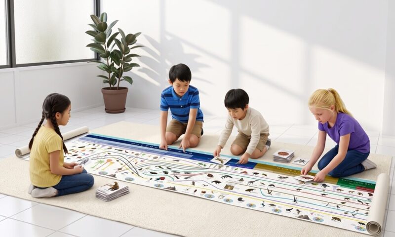 エレメンタリー（小学生）クラスにおける宇宙教育の象徴「生命の歴史（Timeline of Life）」のグループワーク。純白の洗練された空間（Pure Frame）の中、タイムラインを広げ、4人の子どもたちが真剣な表情で探究し合っています。背景には生命を象徴するゴムの木が配置されています。