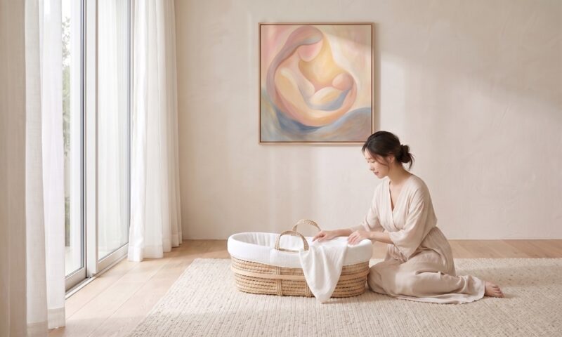 生成りのマットが敷かれた木目の床に座り、ベビー用のチェスティーナに優しく触れる母親。背景には母子を描いた温かみのある絵画が飾られている、静かで穏やかな環境