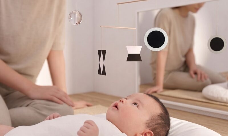 NIDO（ニド）クラス。トッポンチーノに寝転ぶ生後3ヶ月の赤ちゃんと寄り添う母親。視覚を促すムナリモビールと、自己認識を育む横長のフロアミラーが純白の空間に設置されています。