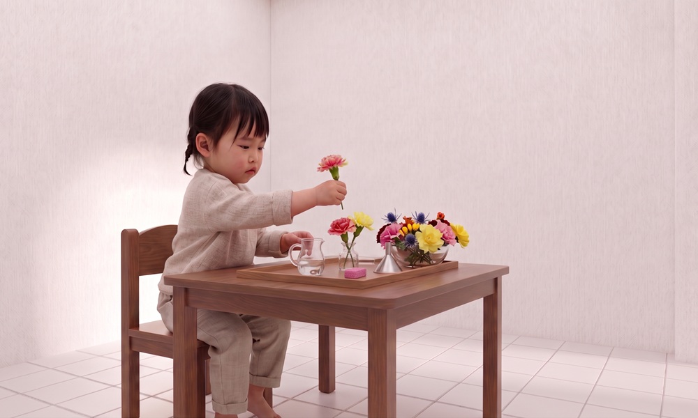 ICクラスにおけるモンテッソーリ教具「花をいける」の活動。木製テーブルで日本人の女の子が、トレイの上のガラス花瓶に色とりどりのカーネーションやバラを挿しています。周囲には漏斗やスポンジ、レースの敷物が整然と配置されています。