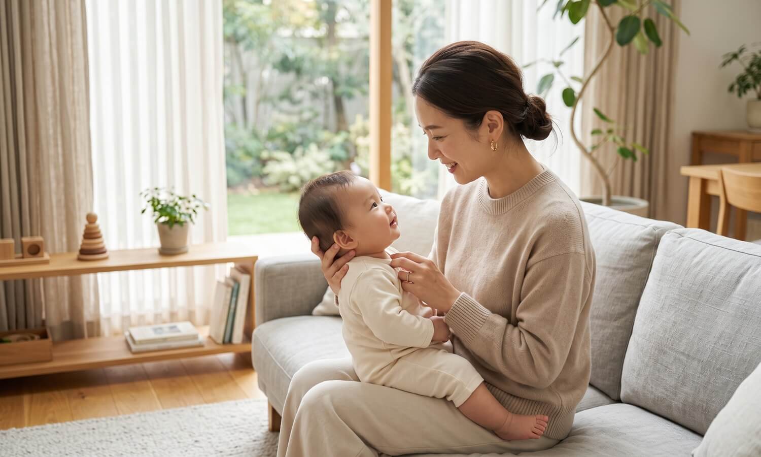 0歳の赤ちゃんと目線を合わせ、穏やかに微笑みかけながら語りかける母親の様子